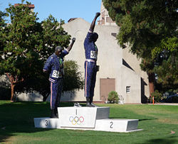 Statue in honor of Smith and Carlos on the campus of San José State University